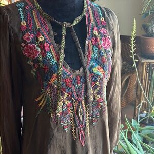 Johnny Was Brown Blouse with Multicolor Embroidery
